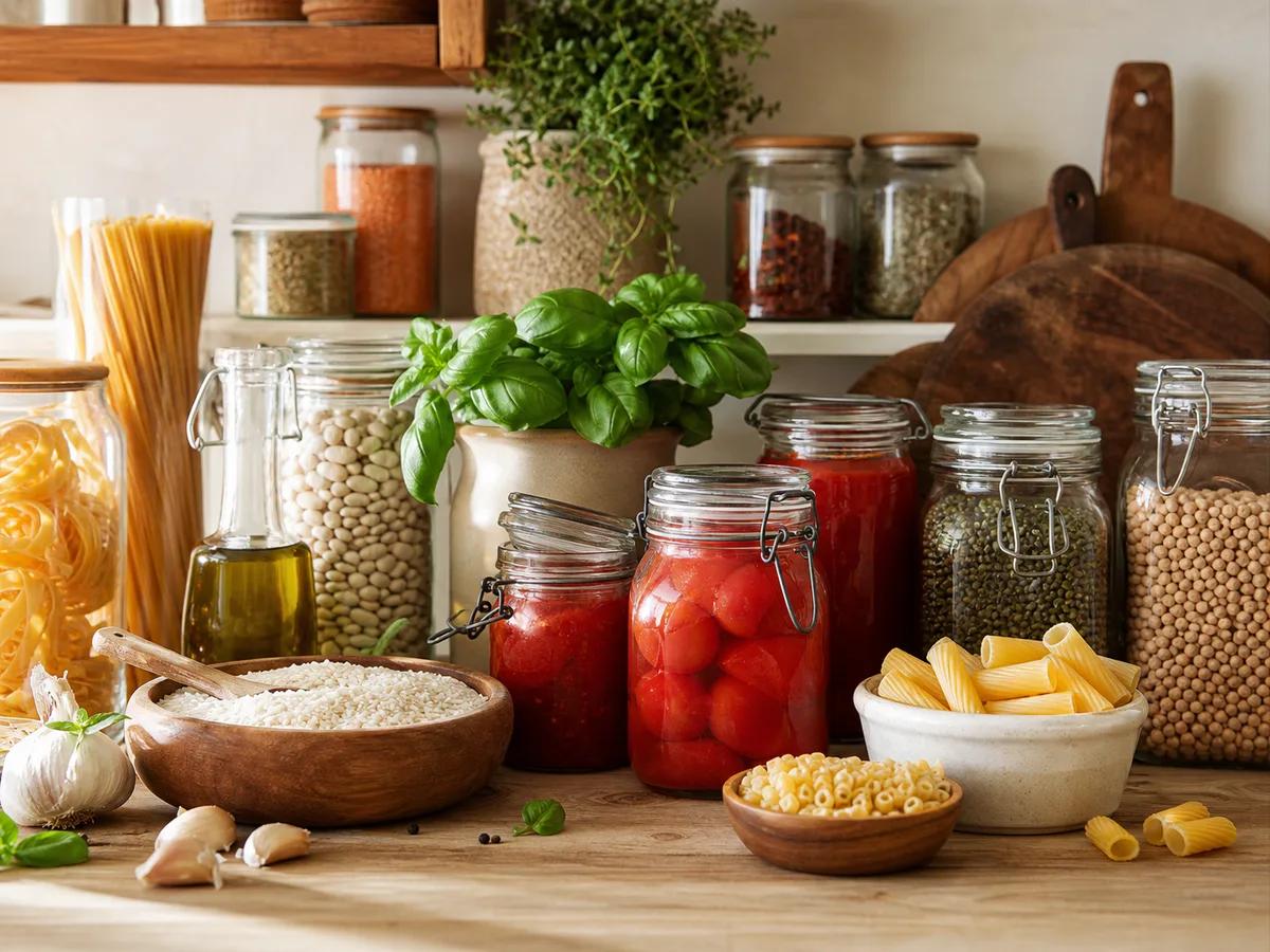 Scaffali della dispensa con prodotti alimentari