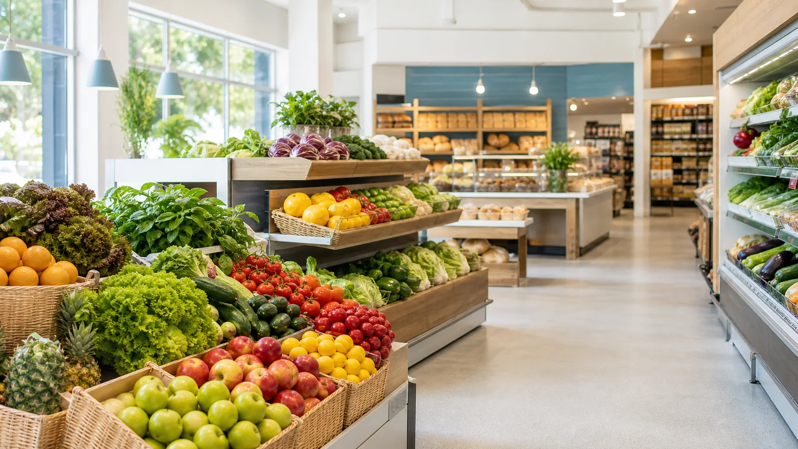 Interno del supermercato con reparto ortofrutta