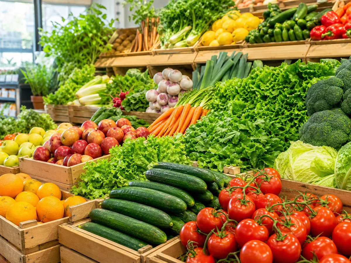 Reparto ortofrutta con frutta e verdura fresca